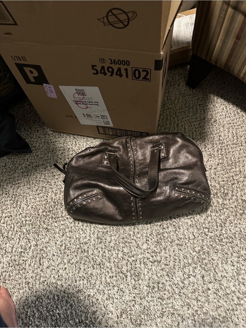 Studded Dark Brown Leather Weekend Bag